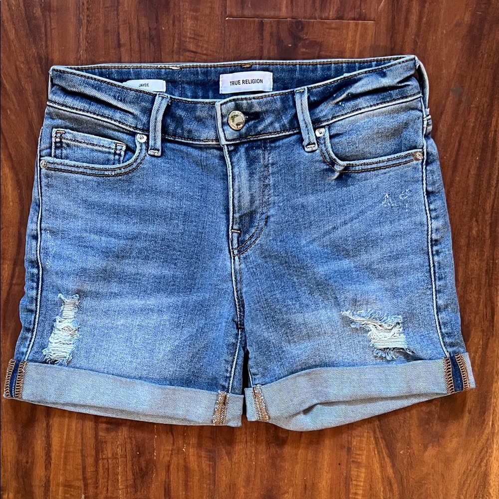 True Religion Women's Distressed Blue Jean Shorts 26W Jayde Stretchy